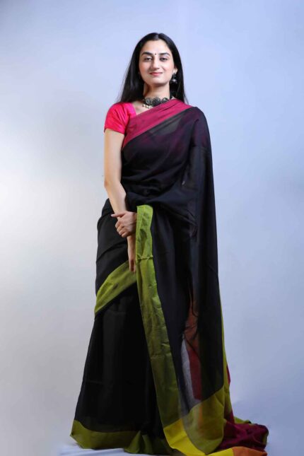 Noir Blossom Linen Saree