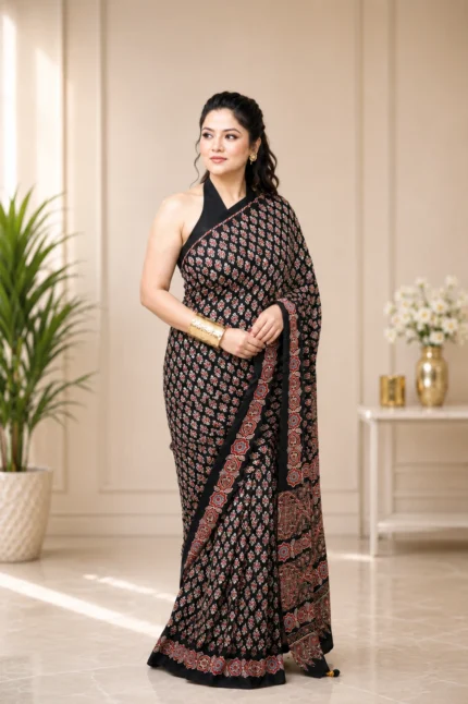 Raatrani  Ajrakh Modal Silk Saree